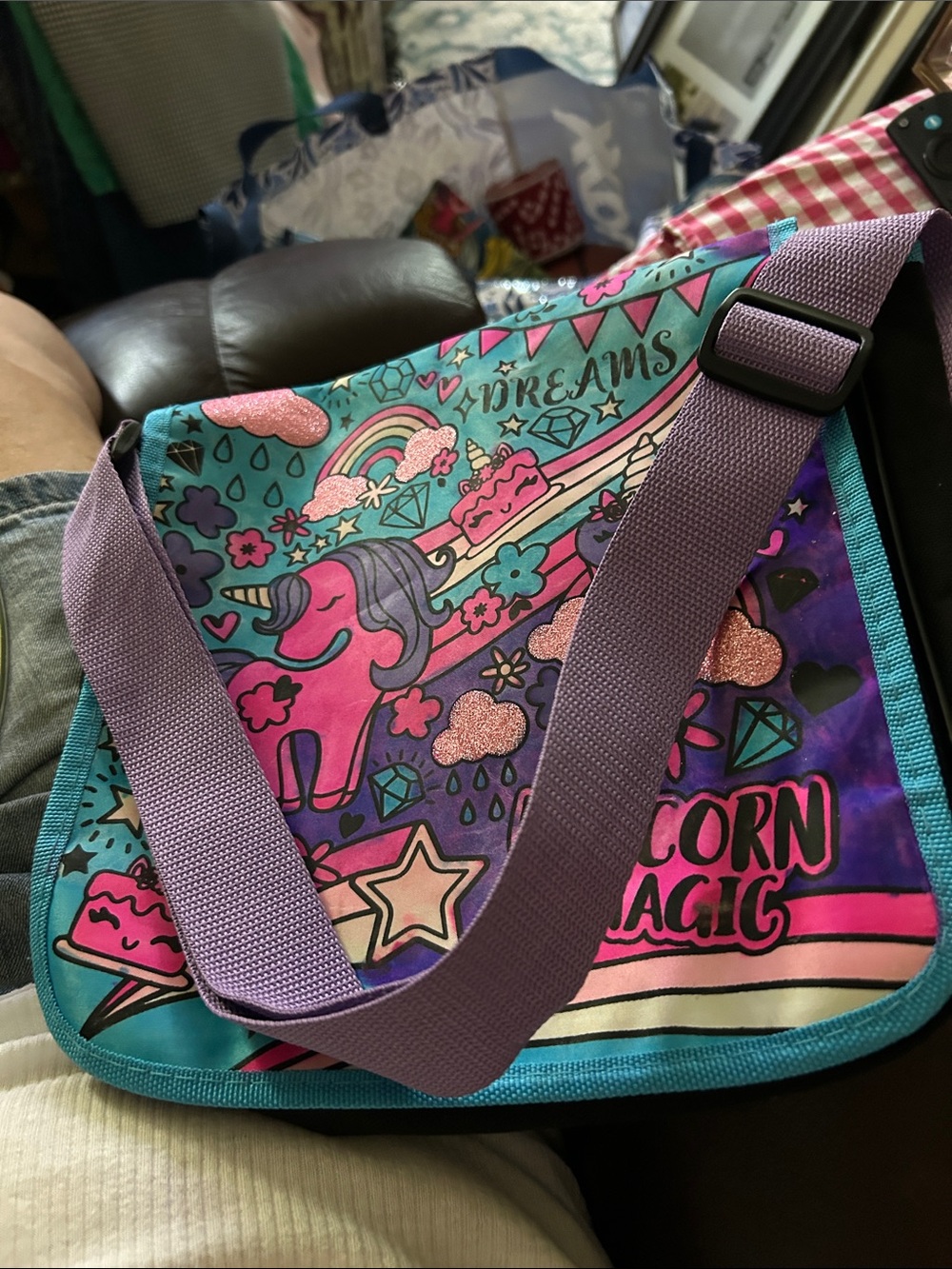 Kids Unicorn Magic Messenger Laptop Book Bag - Purple & Teal. EUV CRAZArt